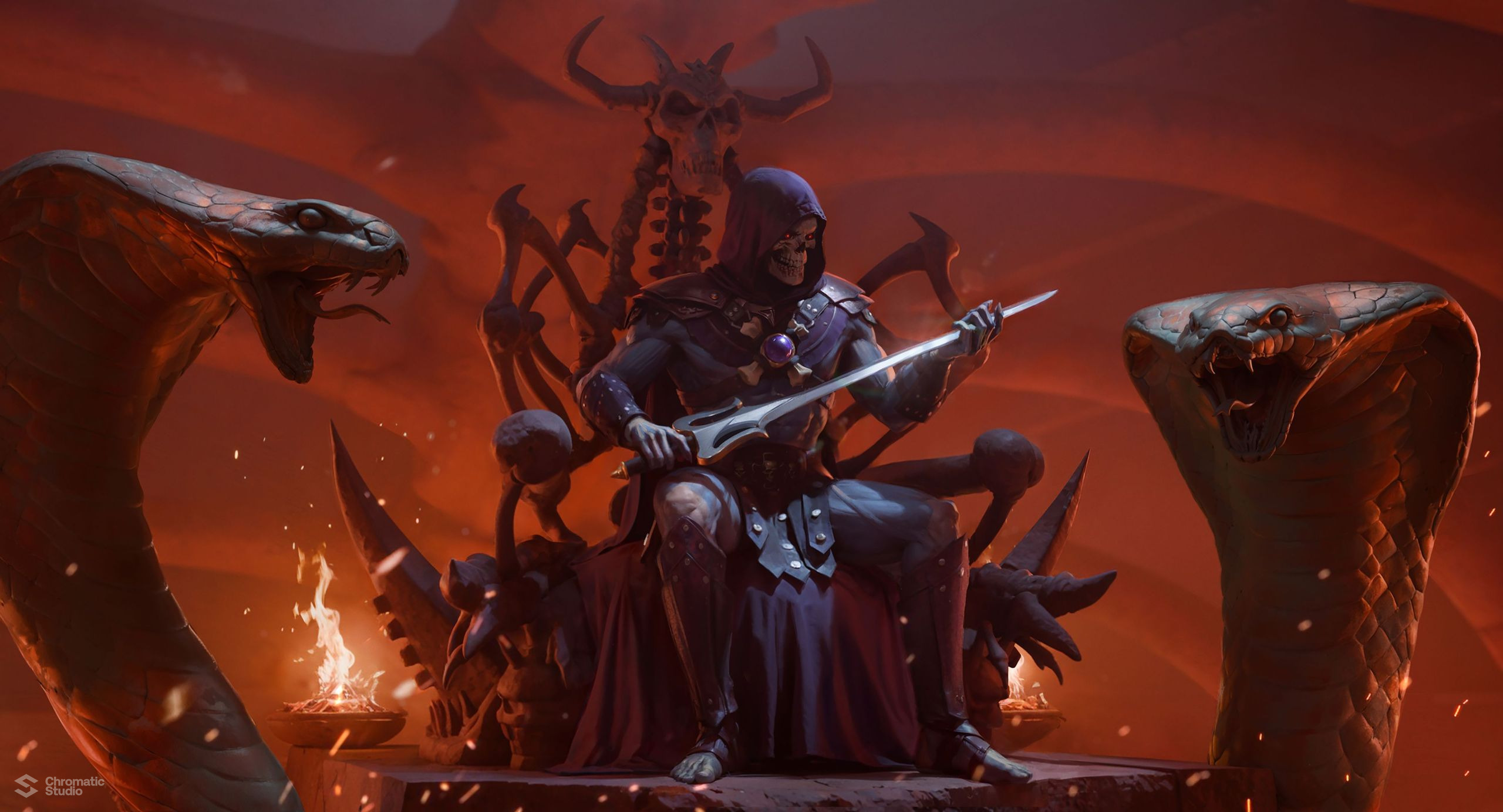 Skeletor on his throne, throneroom sword of power keyframe throneroom concept art motu amazon mgm mattel chromatic studio